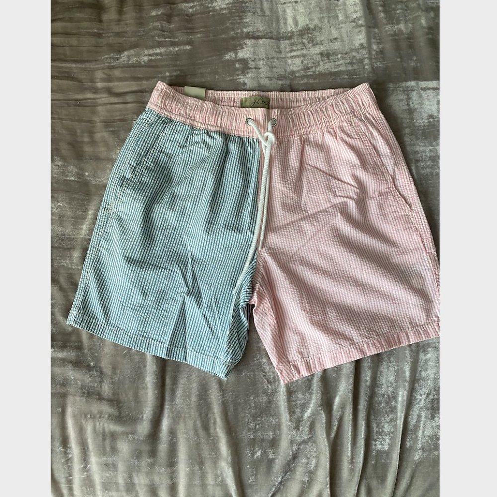 NWT J Crew Men's Seersucker Color Block Swimsuit. Size S